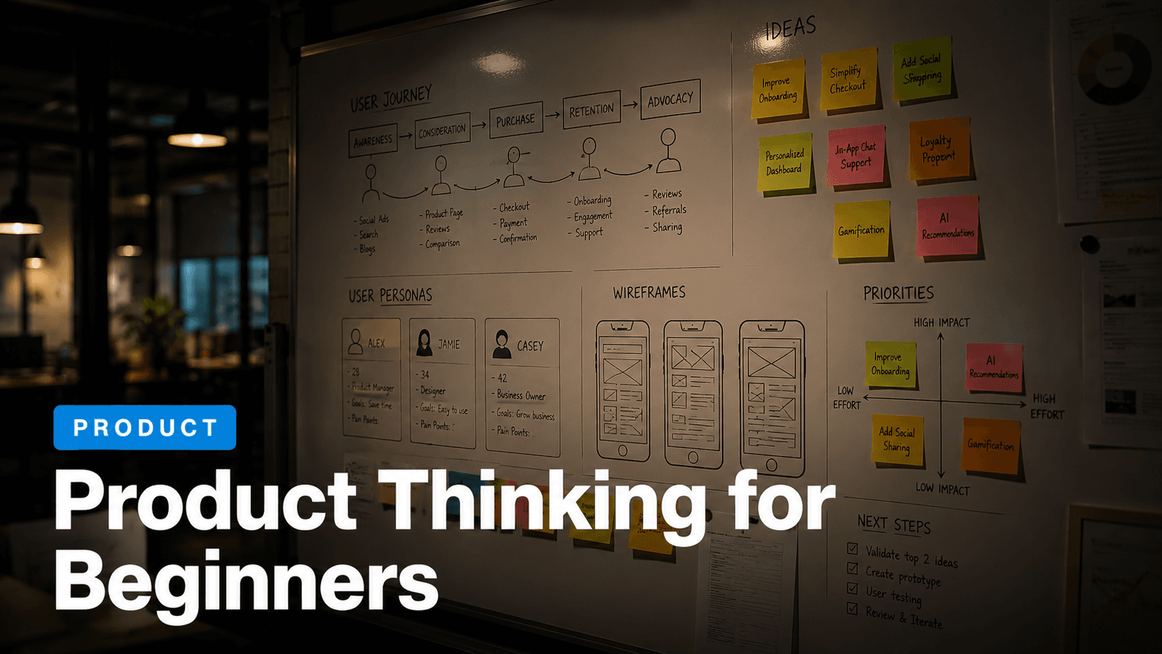Product roadmap with sticky notes and user journey map — Product Thinking for Beginners course