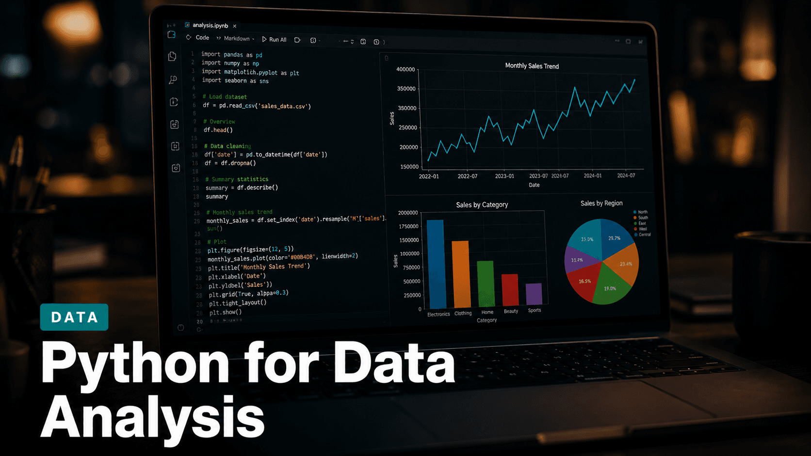 Python code with data charts and analytics visualisation — Python for Data Analysis course