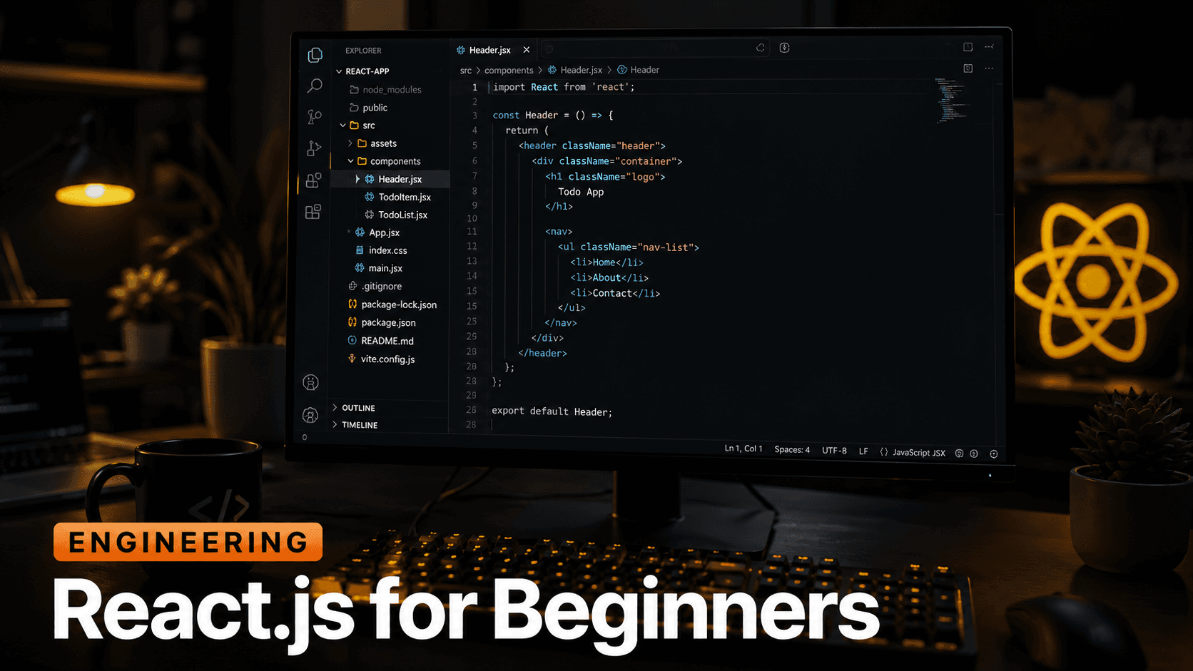 React.js logo with JSX code on dark screen — React.js for Beginners course