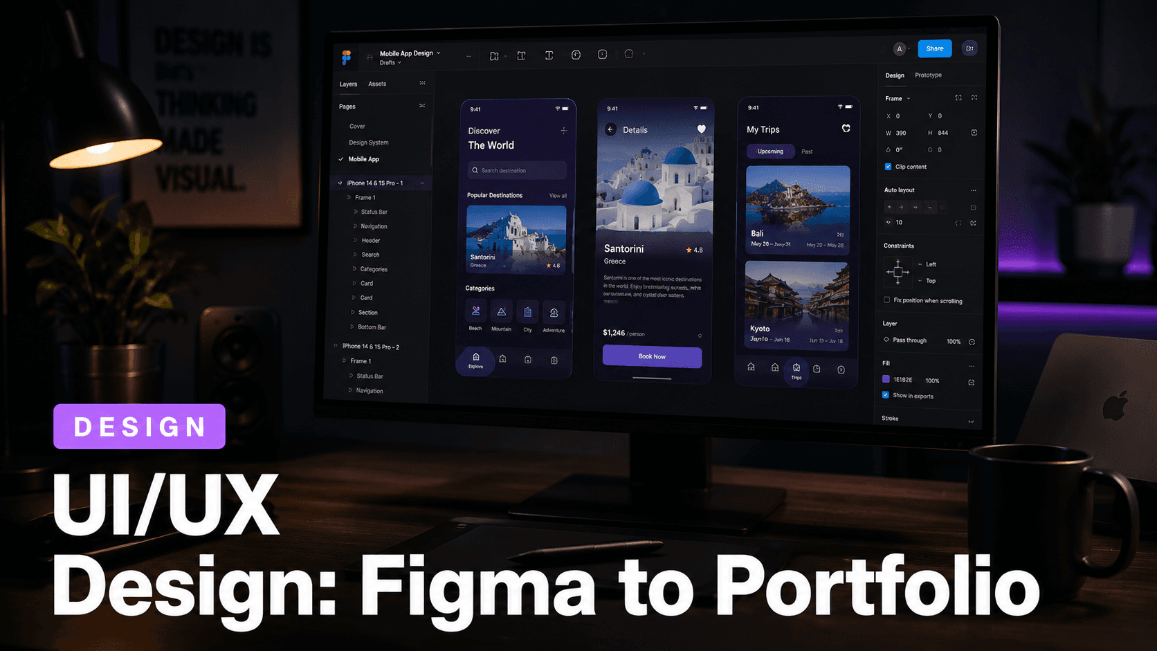 Figma UI design interface showing components and wireframes — UI/UX Design Figma to Portfolio course